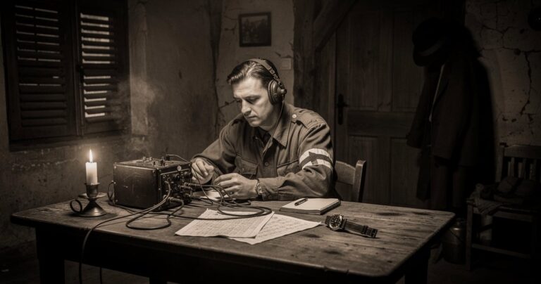 Opérateur radio clandestin de la Résistance française transmettant depuis une ferme