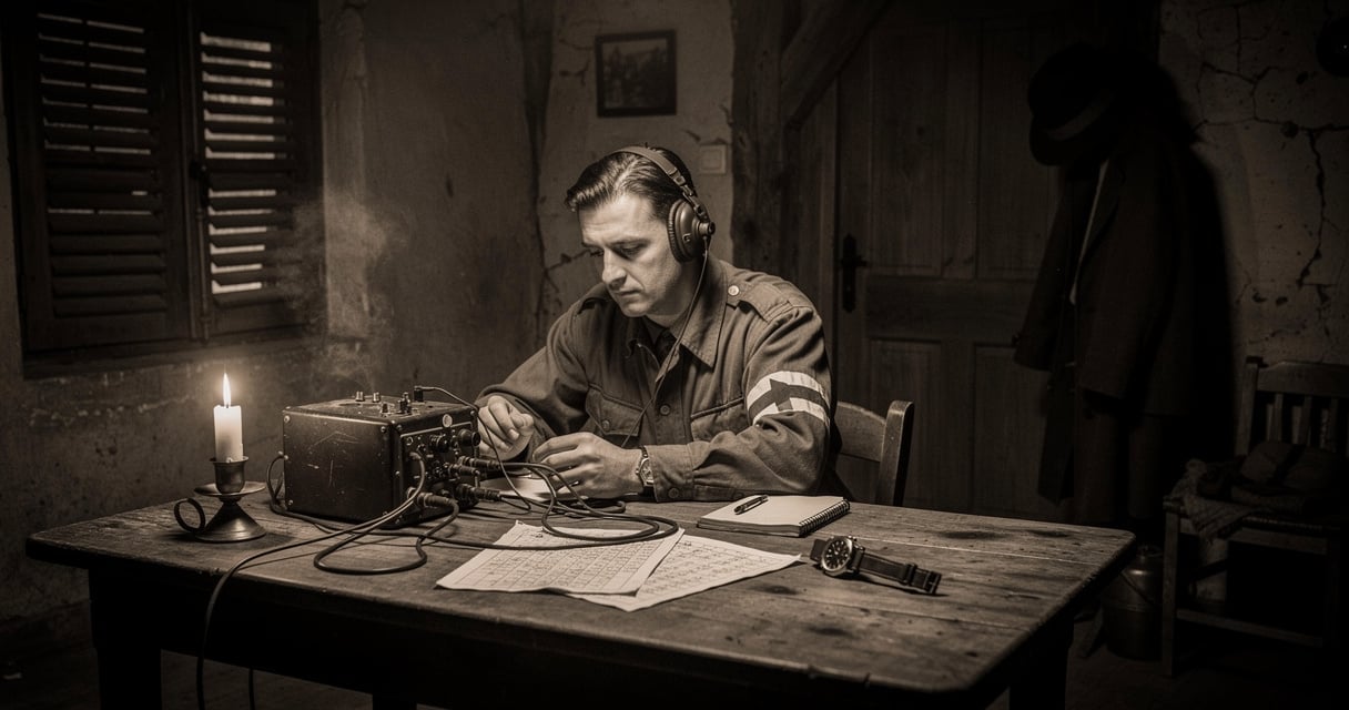 Opérateur radio clandestin de la Résistance française transmettant depuis une ferme