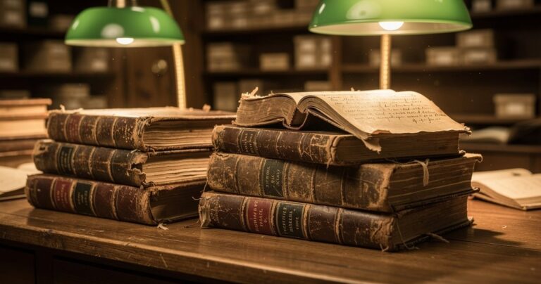 Documents et registres anciens posés sur un bureau en bois dans une salle de lecture d'archives départementales