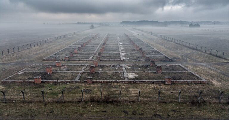 Vue du site mémorial d'Auschwitz-Birkenau avec les vestiges du camp