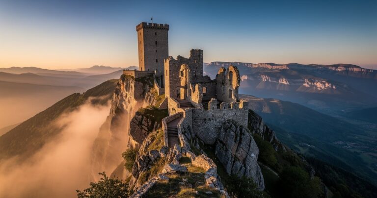 Ruines du château cathare de Montségur perchées sur leur pog dans les Pyrénées ariégeoises au lever du jour