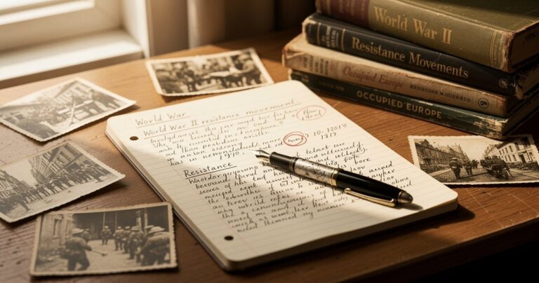 Bureau d'élève préparant le Concours national de la Résistance et de la Déportation avec notes manuscrites et photographies d'archives