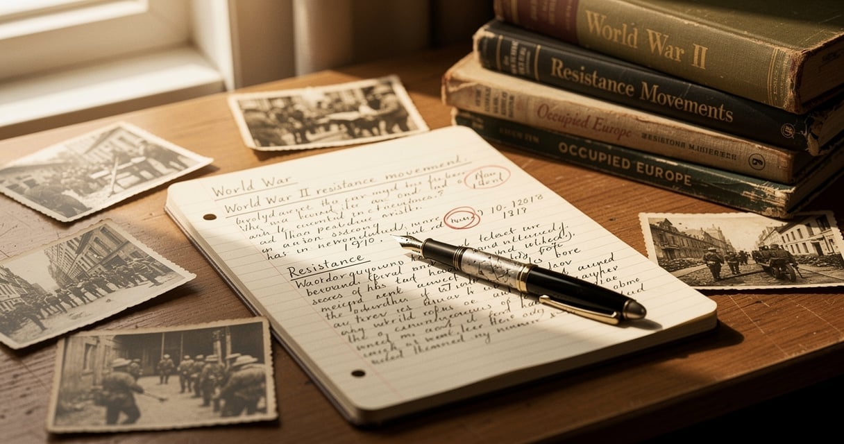 Bureau d'élève préparant le Concours national de la Résistance et de la Déportation avec notes manuscrites et photographies d'archives