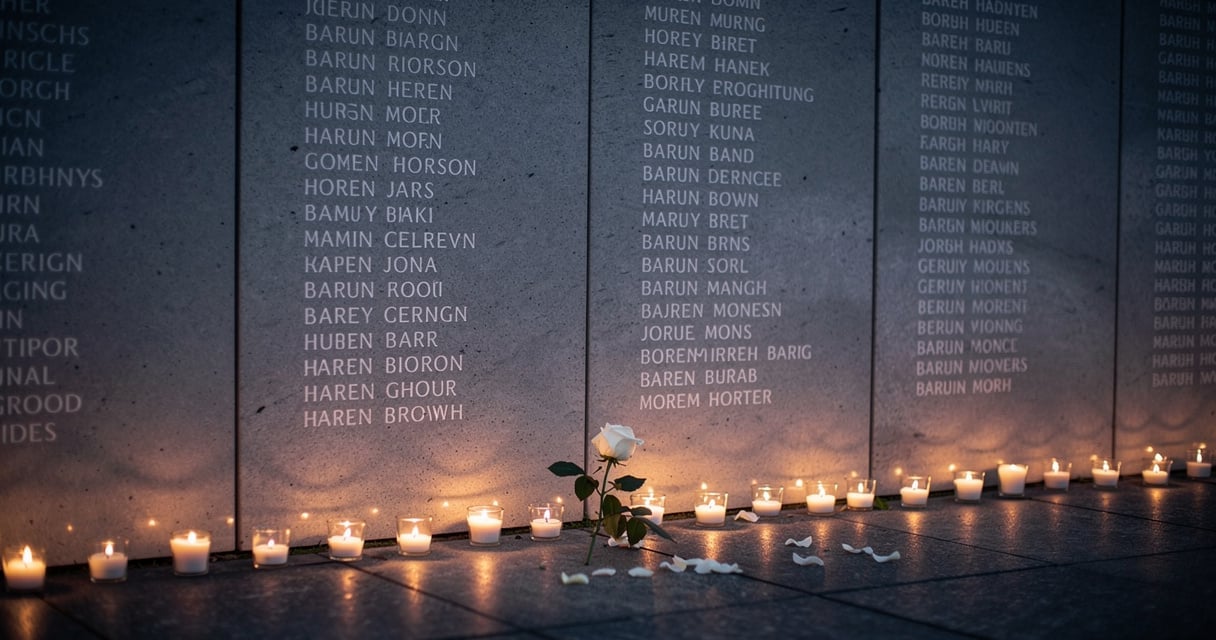 Mur du mémorial portant des noms gravés avec des bougies allumées en hommage