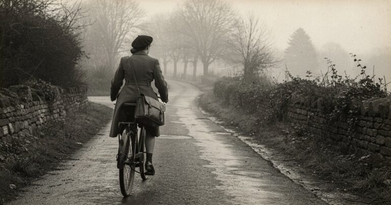 Photographie d epoque evoquant une agente de liaison de la Resistance francaise a velo dans la campagne