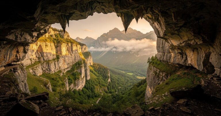 Entrée de la grotte de Niaux à flanc de montagne dans la vallée du Vicdessos en Ariège