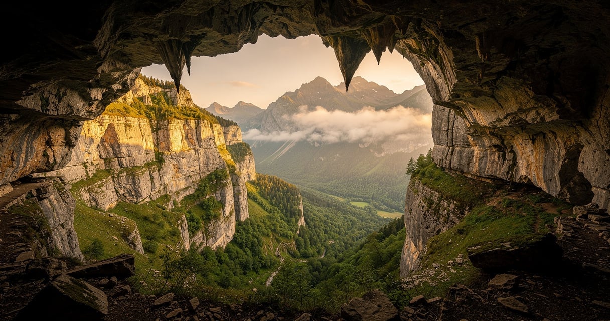 Entrée de la grotte de Niaux à flanc de montagne dans la vallée du Vicdessos en Ariège