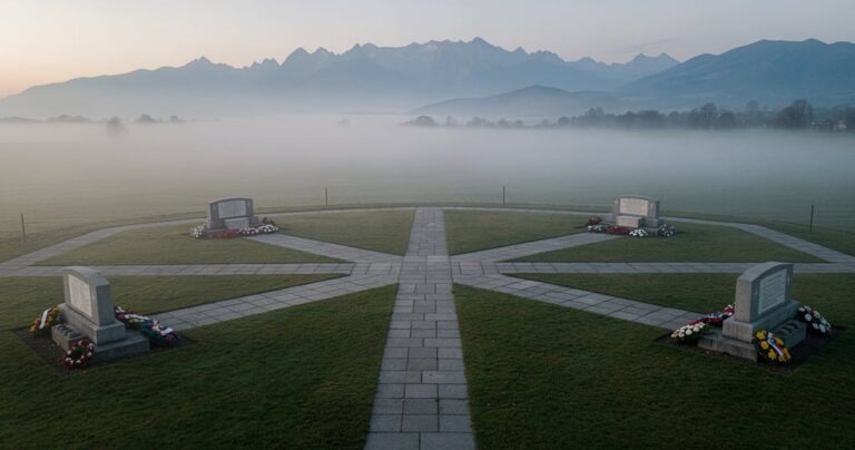 Mémorial de la déportation avec gerbes de fleurs lors d une cérémonie commémorative