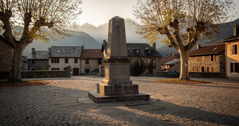 Monument aux morts en pierre sur une place de village des Pyrénées