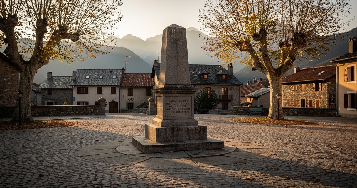 Monument aux morts en pierre sur une place de village des Pyrénées
