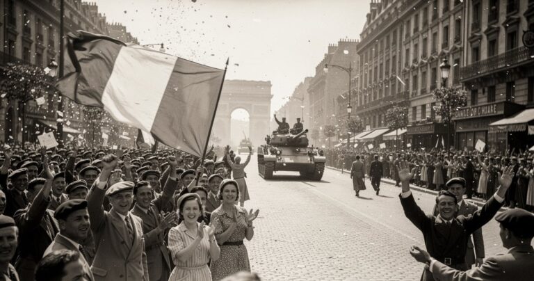 Foule parisienne celebrant la liberation de Paris sur les Champs-Elysees avec un char de la 2e DB en aout 1944