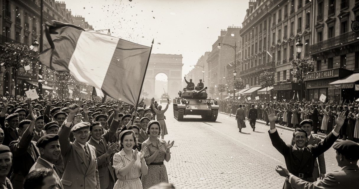 Foule parisienne celebrant la liberation de Paris sur les Champs-Elysees avec un char de la 2e DB en aout 1944