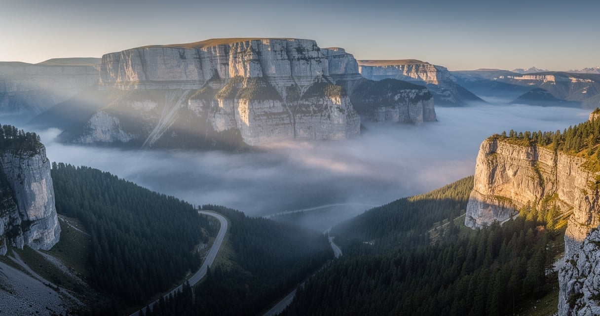 Plateau du Vercors et ses falaises calcaires dans la brume matinale