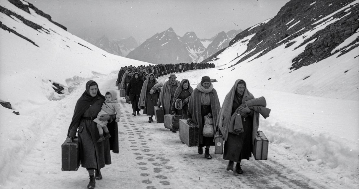 Colonne de réfugiés espagnols traversant les Pyrénées enneigées en février 1939 lors de la Retirada