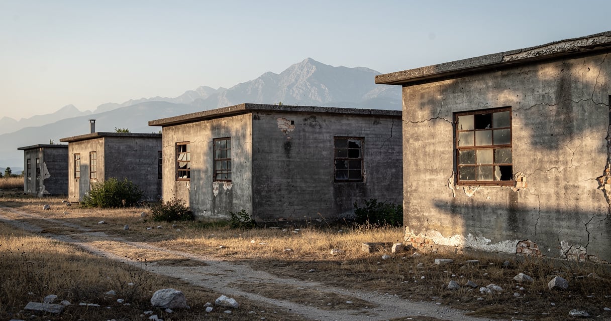 Baraquements en béton préservés du camp de Rivesaltes, lieu de mémoire des déportations de 1942