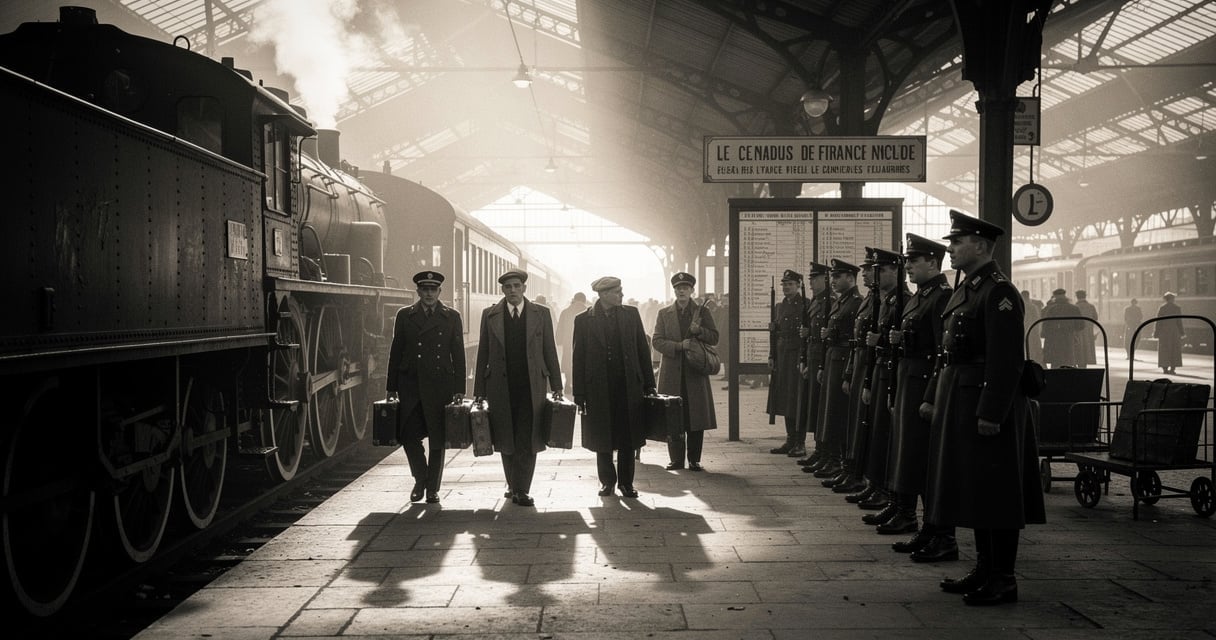 Quai de gare en 1943 avec de jeunes hommes requis pour le STO embarquant pour l'Allemagne