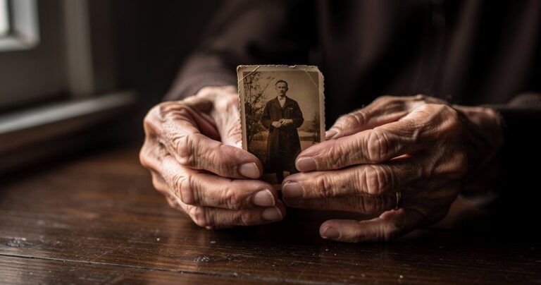 Mains âgées tenant une vieille photographie sépia, symbole de la mémoire de la déportation
