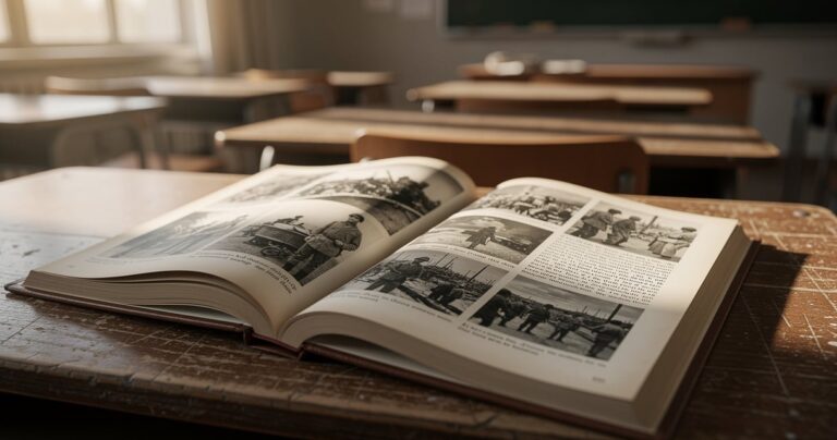 Livre d'histoire ouvert sur un pupitre d'école, page consacrée à la Seconde Guerre mondiale